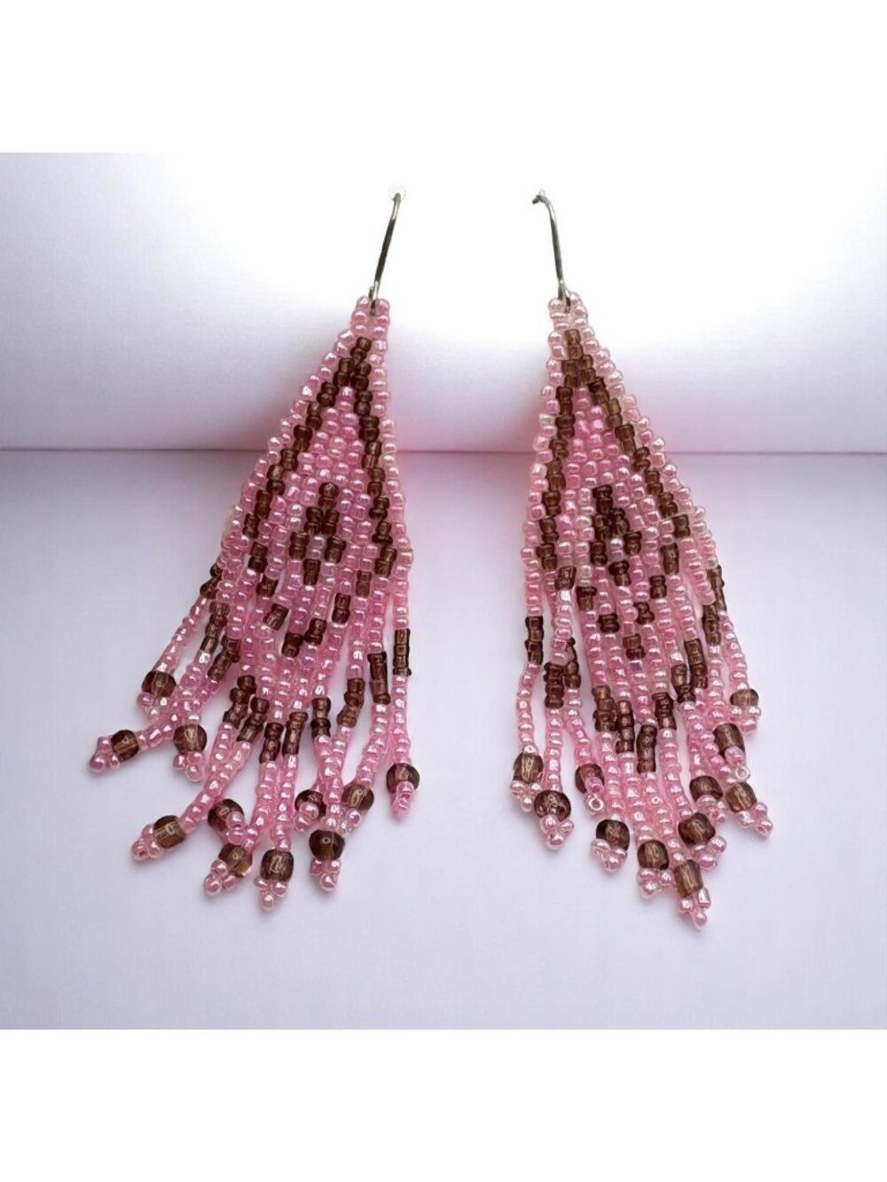 Beaded Fringe Chandelier Dangle Earrings Pink Brown Tribal Boho Lightweight